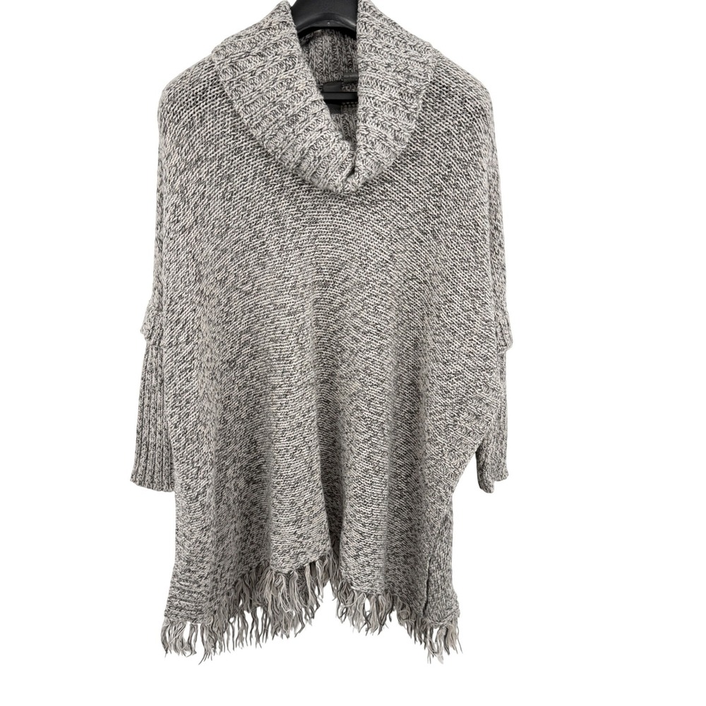 Quinn Fringe Hem Cowl Neck Poncho Sweater Grey Marled Knit Small Bohemian Cozy
